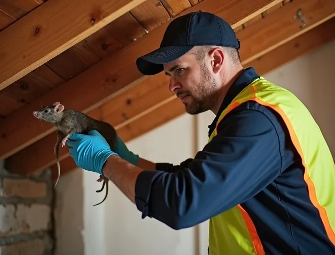 Technician inspecting a roof cavity for a dead rat in Croydon South